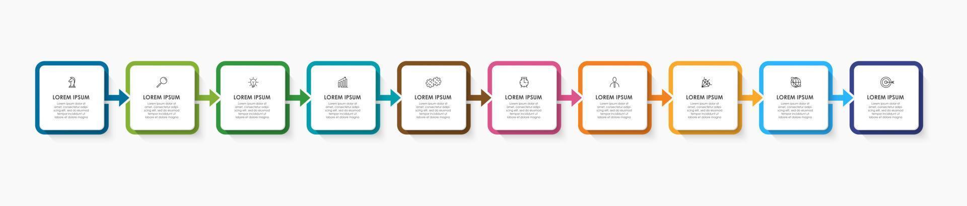 Business Infographic design template Vector with icons and 10 options or steps. Can be used for process diagram, presentations, workflow layout, banner, flow chart, info graph