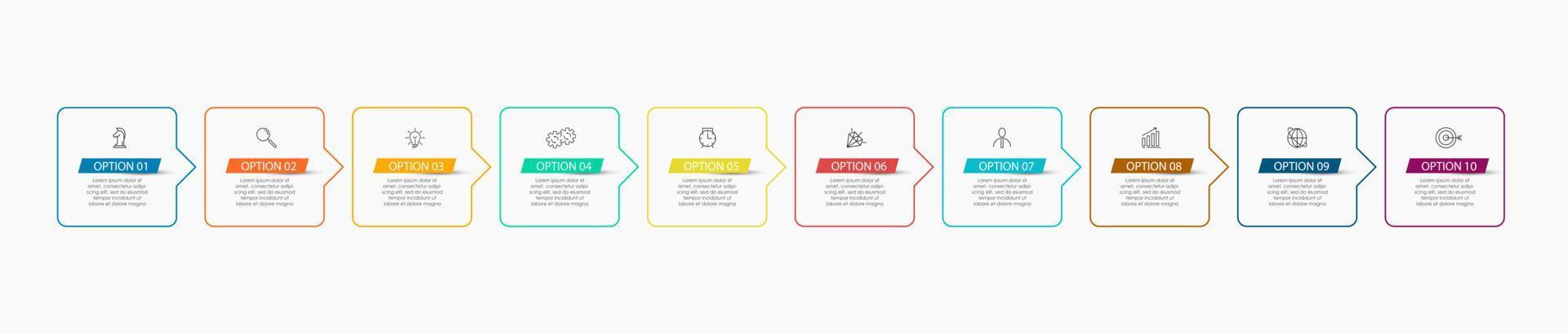 vector de plantilla de diseño infográfico empresarial con iconos y 10 opciones o pasos. se puede utilizar para diagramas de proceso, presentaciones, diseño de flujo de trabajo, pancarta, diagrama de flujo, gráfico de información