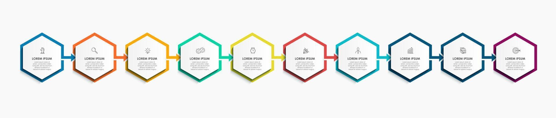 vector de plantilla de diseño infográfico empresarial con iconos y 10 opciones o pasos. se puede utilizar para diagramas de proceso, presentaciones, diseño de flujo de trabajo, pancarta, diagrama de flujo, gráfico de información