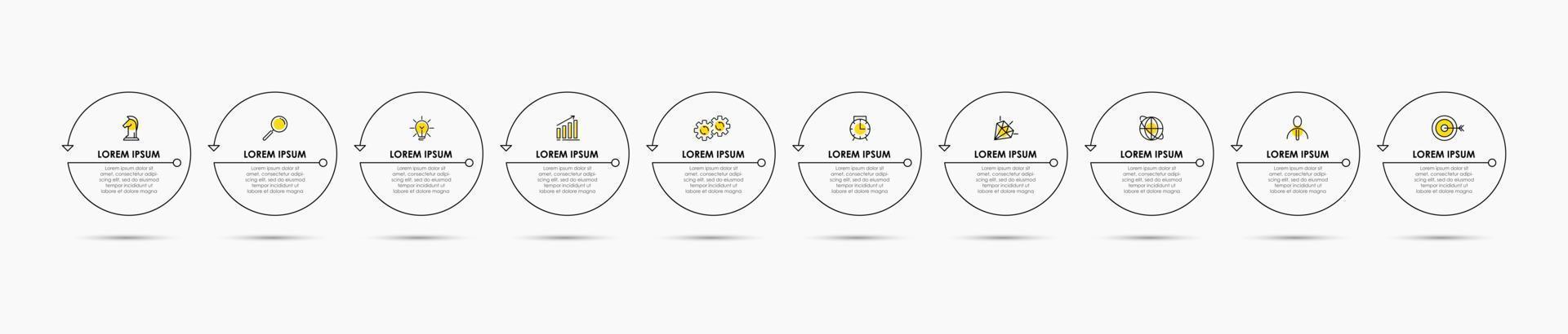 Business Infographics template. Timeline with 10 steps, options and marketing icons .Vector linear infographic with two circle conected elements. Can be use for presentation. vector