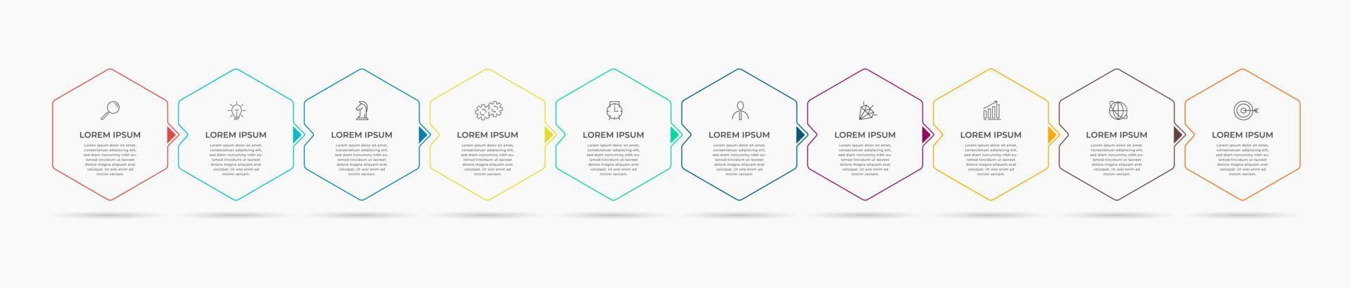 Business Infographic design template Vector with icons and 10 options or steps. Can be used for process diagram, presentations, workflow layout, banner, flow chart, info graph