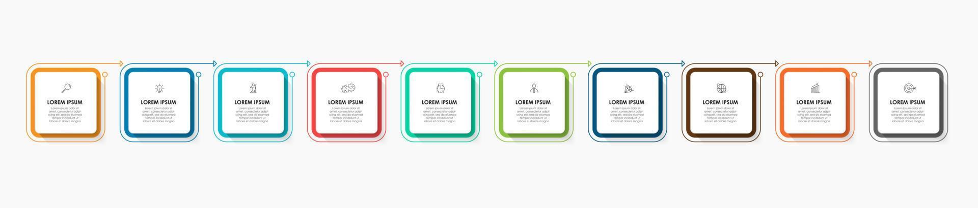 Business Infographic design template Vector with icons and 10 options or steps. Can be used for process diagram, presentations, workflow layout, banner, flow chart, info graph