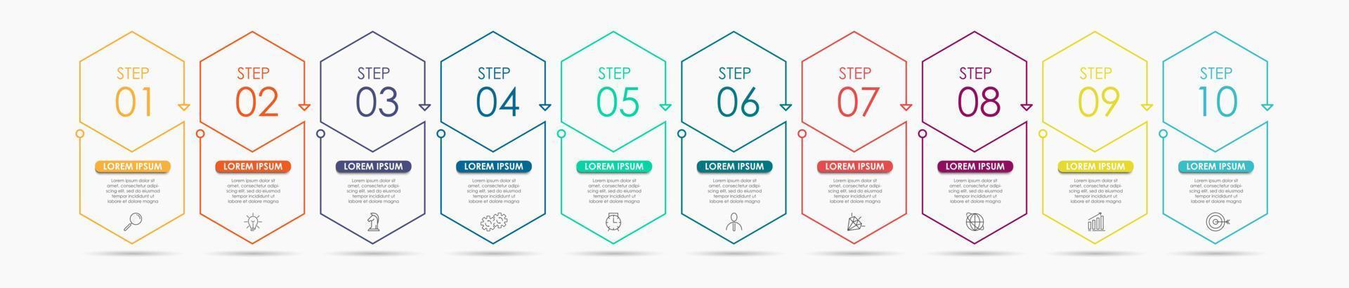 Business Infographic design template Vector with icons and 10 options or steps. Can be used for process diagram, presentations, workflow layout, banner, flow chart, info graph