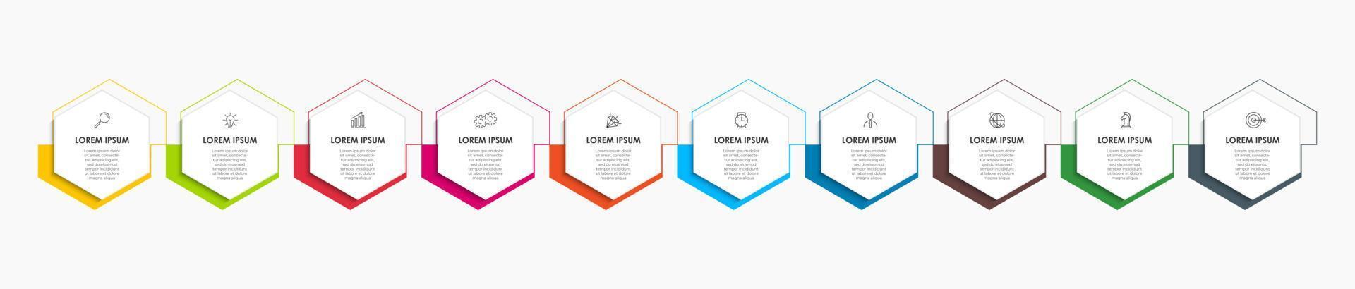 Business Infographic design template Vector with icons and 10 options or steps. Can be used for process diagram, presentations, workflow layout, banner, flow chart, info graph