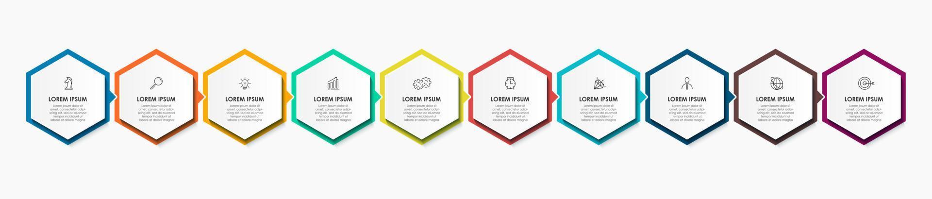 Business Infographic design template Vector with icons and 10 options or steps. Can be used for process diagram, presentations, workflow layout, banner, flow chart, info graph