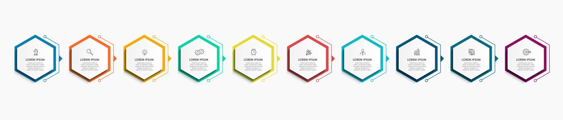 Business Infographic design template Vector with icons and 10 options or steps. Can be used for process diagram, presentations, workflow layout, banner, flow chart, info graph