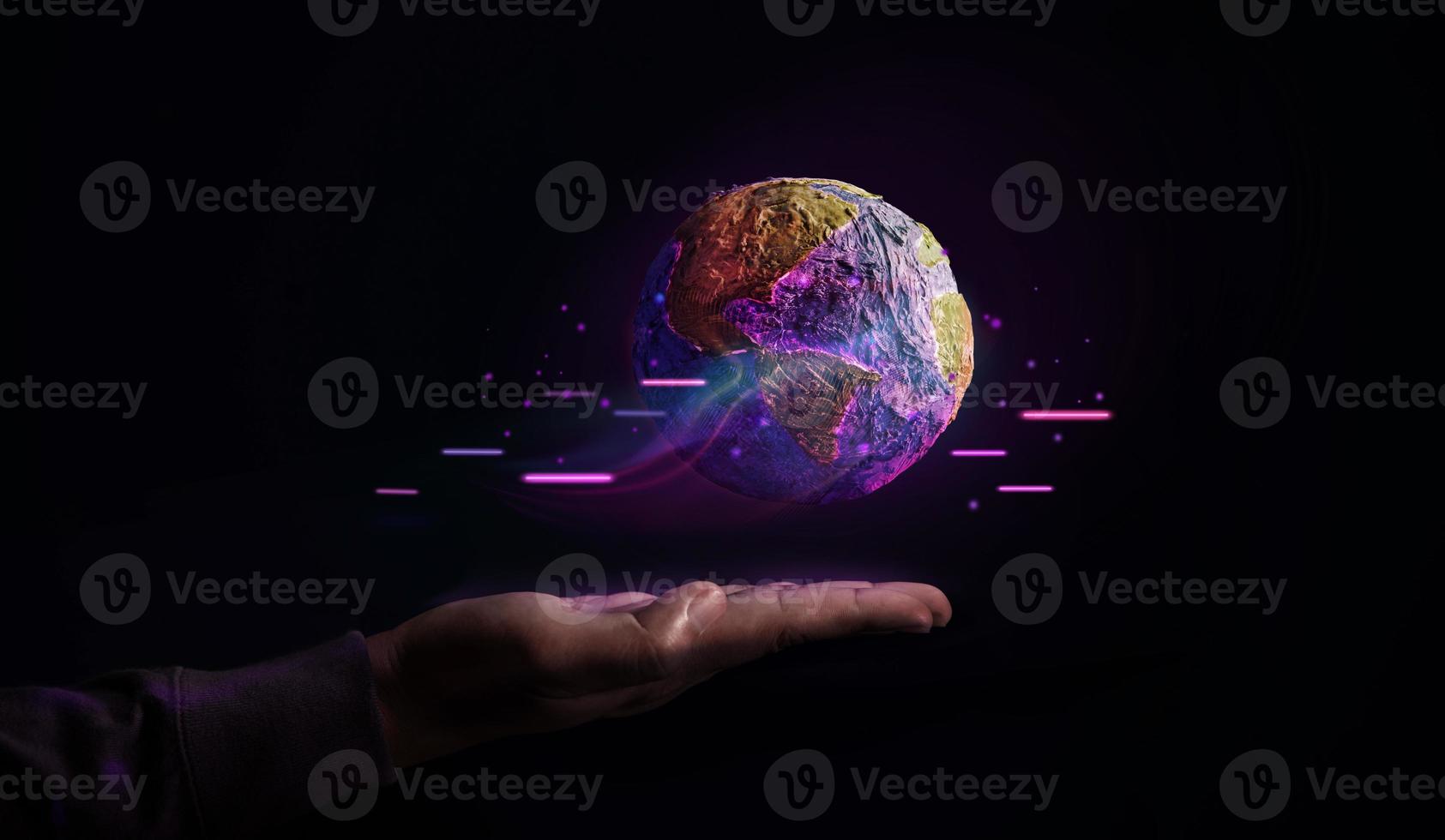 World Technology Concepts. Global Network and Data Exchange. Worldwide Business. Telecommunication, Finance and Internet of Things. Gesture Hand Levitating Globe photo