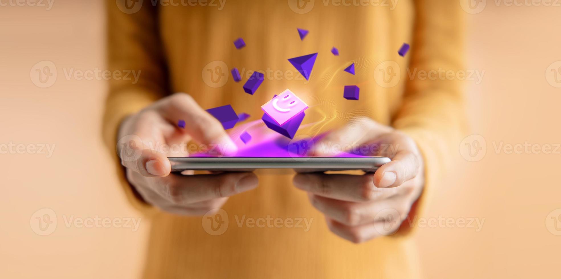 Metaverse, Web3 and Blockchain Technology Concepts. Closeup of Hand Using Smartphone for Connect a Community or Playing NFT Virtual Game photo