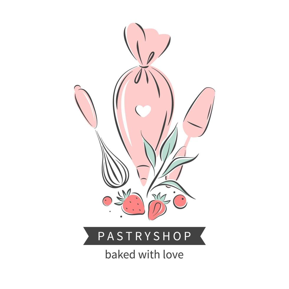 Pastry and bread shop. Set of tools for making cakes, cookies and pastries. Vector illustration for logo, menu, recipe book, baking shop, cafe.