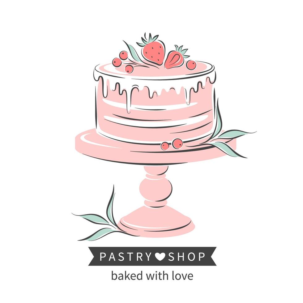 Cake and berries on pedestal. Cake shop logo. Vector illustration for menu, recipe book, baking shop, cafe, restaurant.