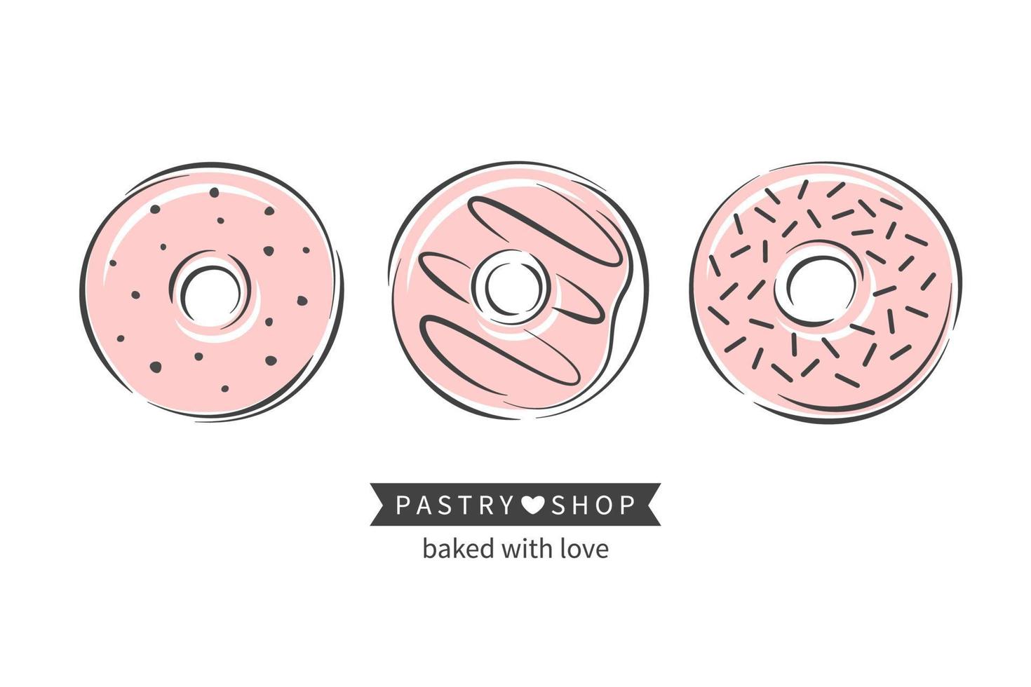 pastelería y panadería. donas diferentes. ilustración vectorial para logotipo, menú, libro de recetas, panadería, cafetería. vector