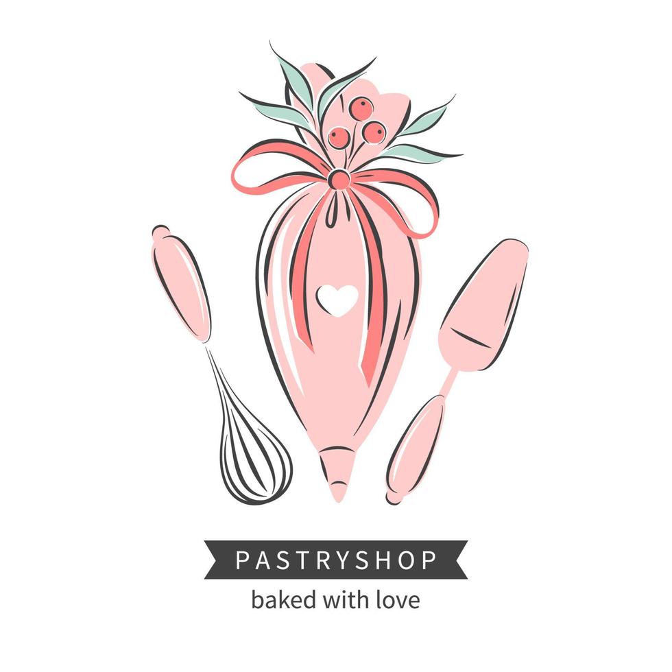 Pastry and bread shop. Set of tools for making cakes, cookies and pastries. Vector illustration for logo, menu, recipe book, baking shop, cafe.