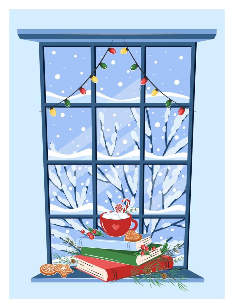 Winter window with landscape, books and drink with cookies on the sill. Cozy winter vector illustration