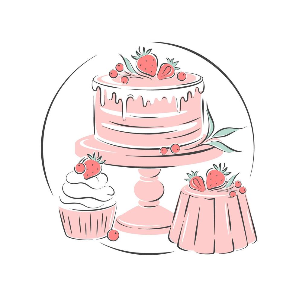 Cake, cupcake and berries. Cake shop logo. Vector illustration on white background for menu, recipe book, baking shop.