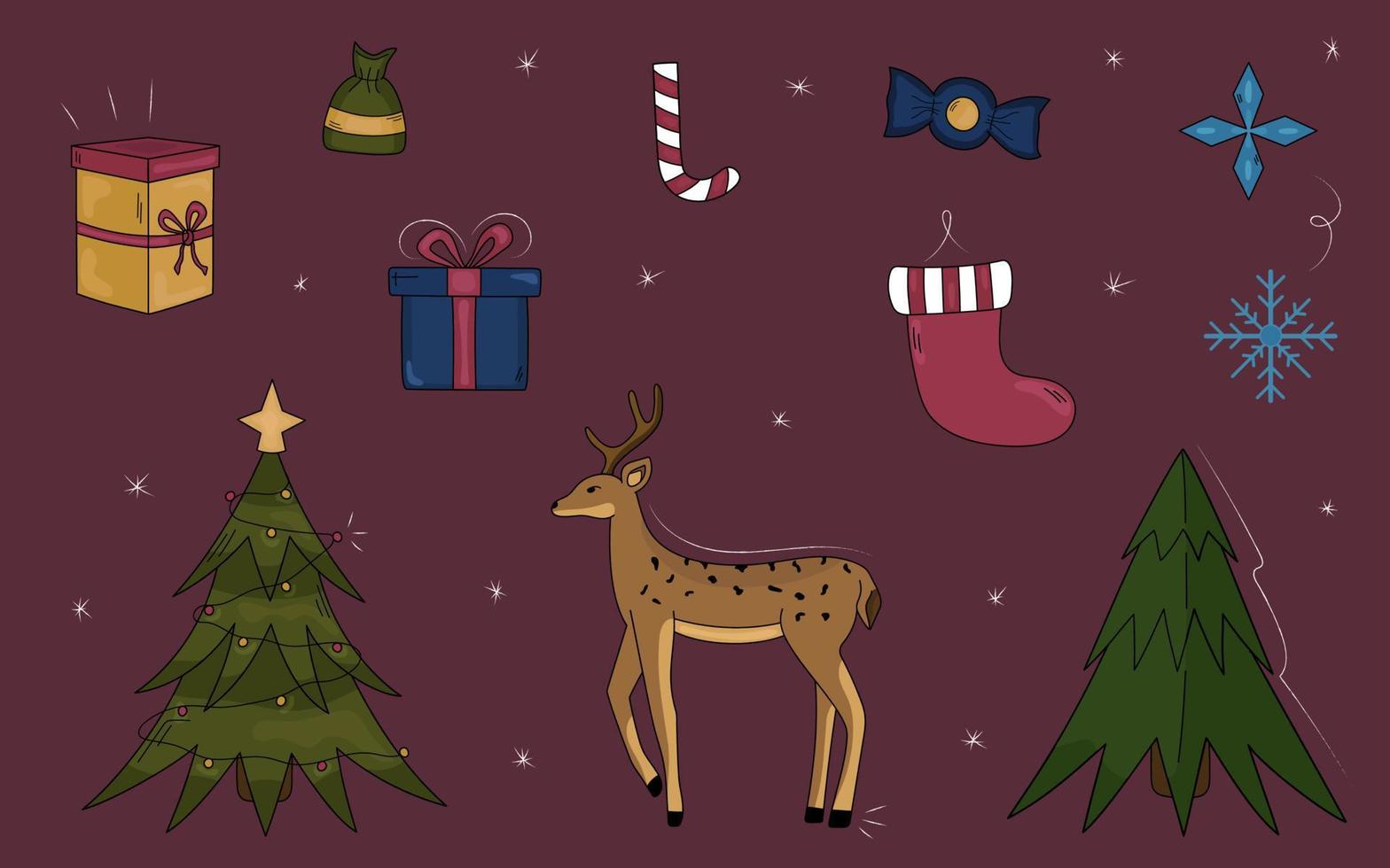 Collection of Christmas doodles. Set of hand drawn Christmas trees, deer, gifts, candies, snowflakes. New Year vector illustration