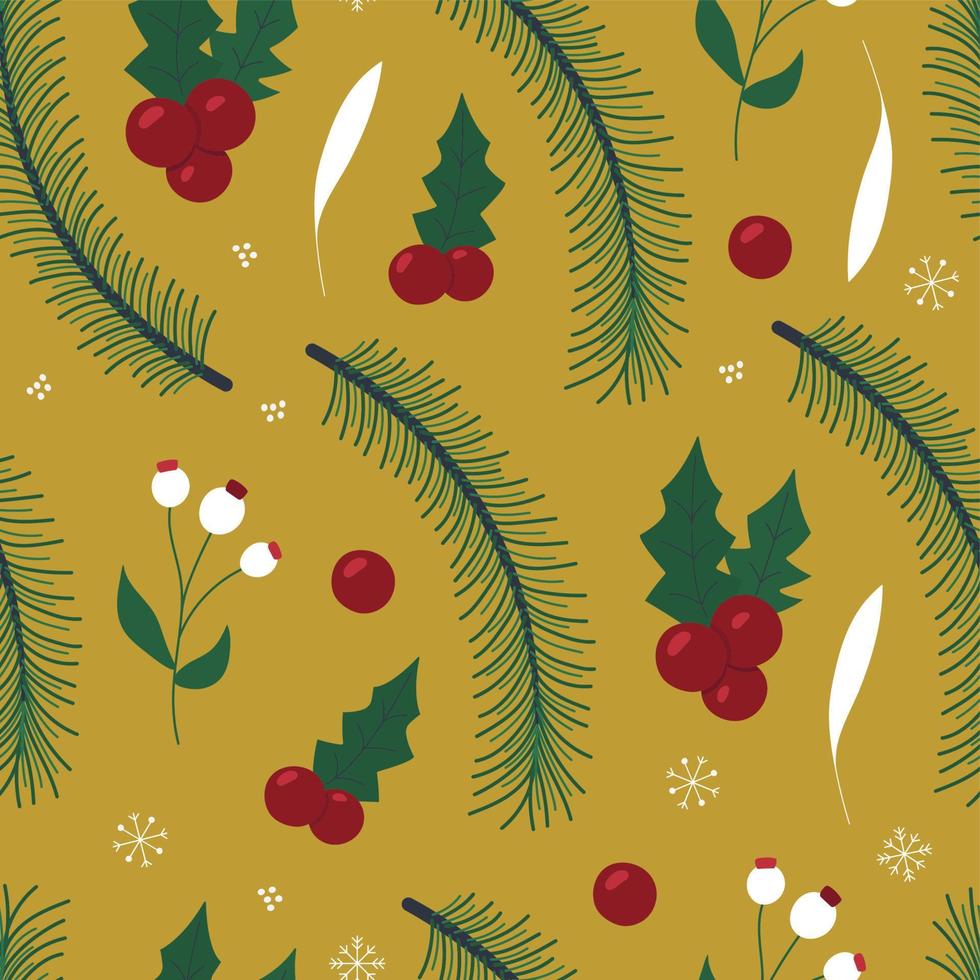 Christmas seamless pattern. Vector illustration with fir branches, red berries, holly, snowflakes. Surface design for textile, fabric, wrapping, paper, packaging