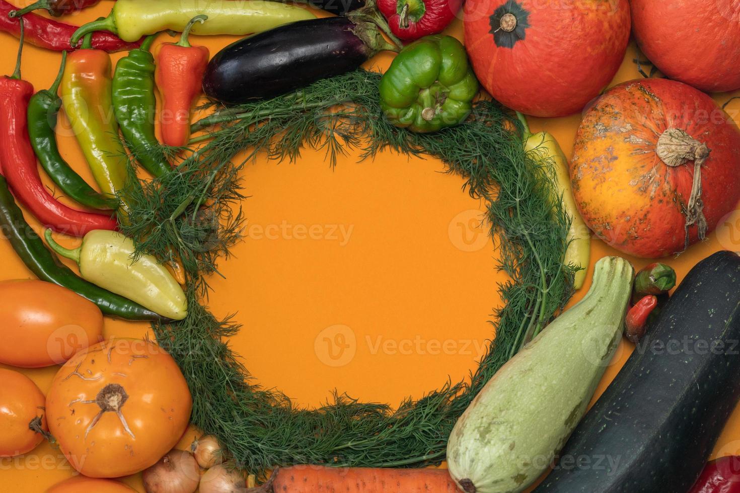 Vegetables are laid out around empty place. Empty space for text. Vegetables on a red background. photo