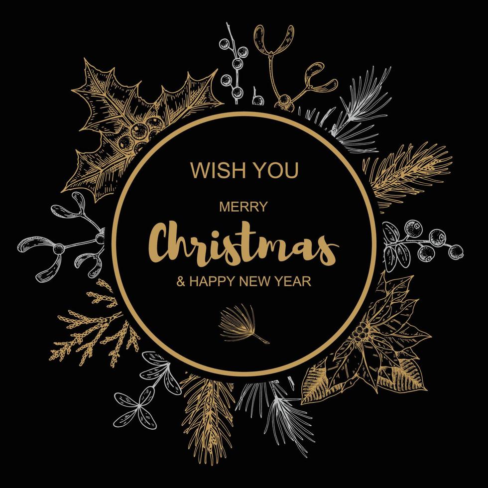 Merry Christmas and Happy New Year circle frame with hand drawn golden evergreen branches and holly berries on black background. Vector illustration in sketch style