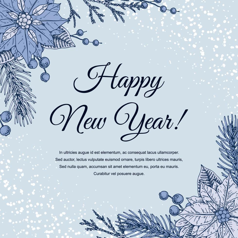 feliz navidad y feliz año nuevo tarjeta de felicitación azul. fondo festivo con plantas de invierno dibujadas a mano. diseño vintage en estilo boceto. espacio para texto vector