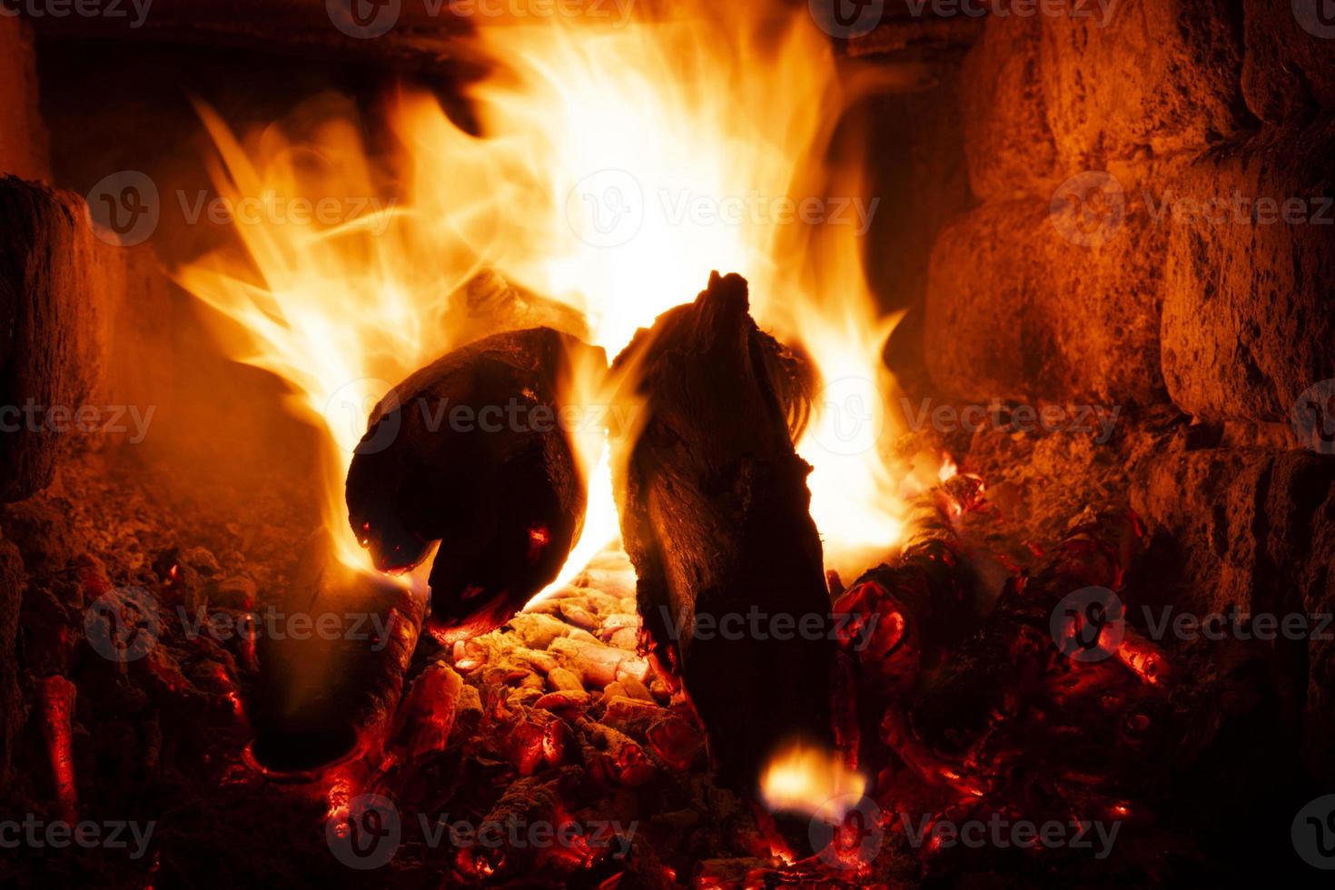 wood stove heating, burning wood coals photo