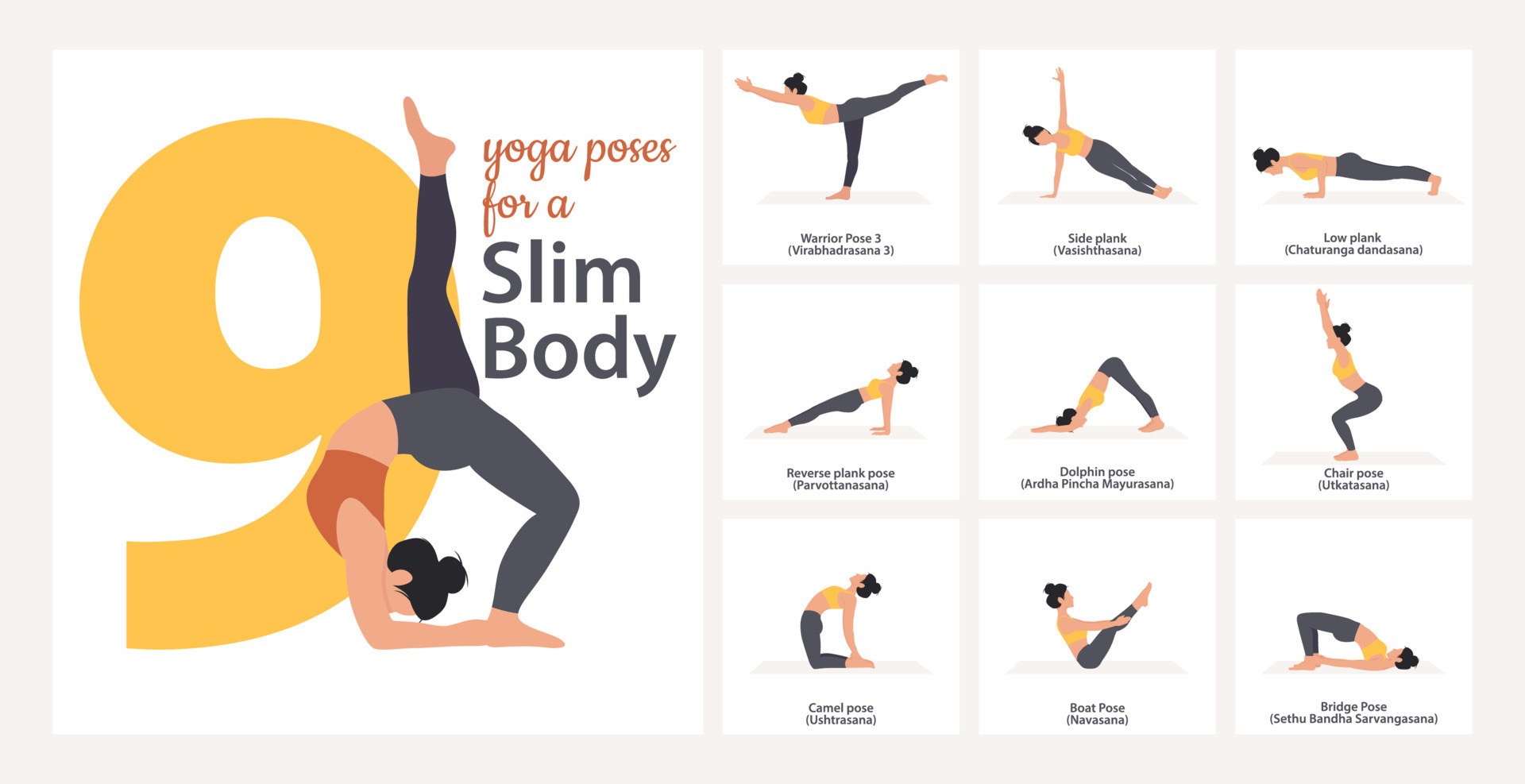 Beautiful woman demonstrating yoga poses. Set of yoga asanas with names in  English and Sanskrit for a slim body. Yoga sequence vector design. 13444412  Vector Art at Vecteezy