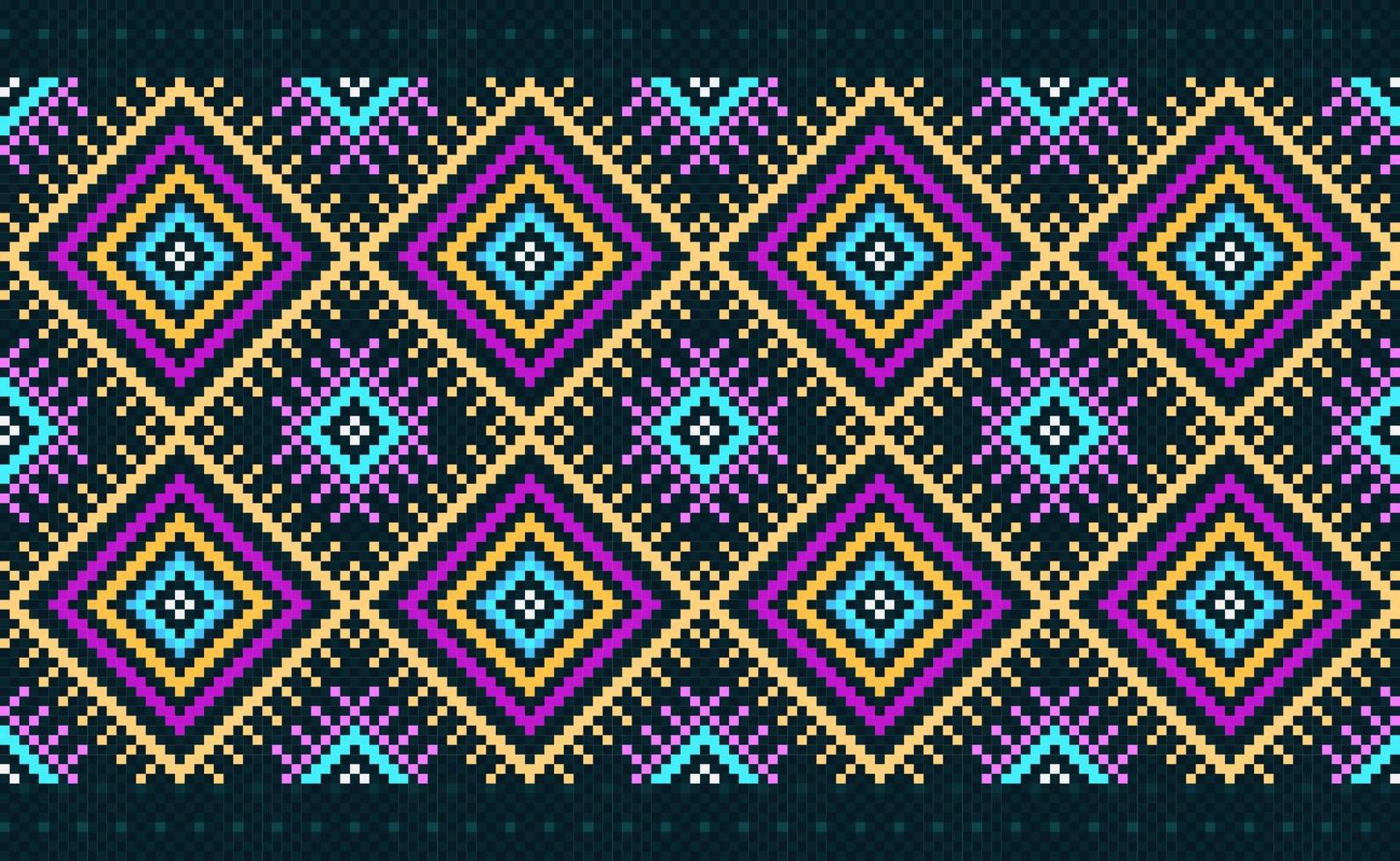 Pixel geometric ethnic pattern, Vector embroidery ikat background, Pixel yellow pink and blue pattern square