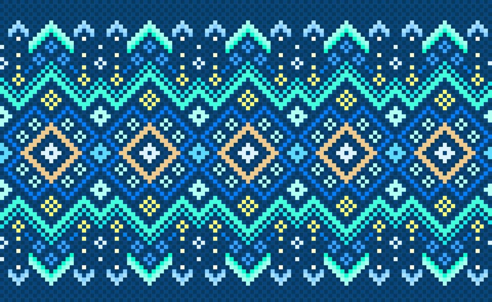 Embroidery ethnic pattern, Vector Cross stitch decorative geometry style, Blue and green pattern background