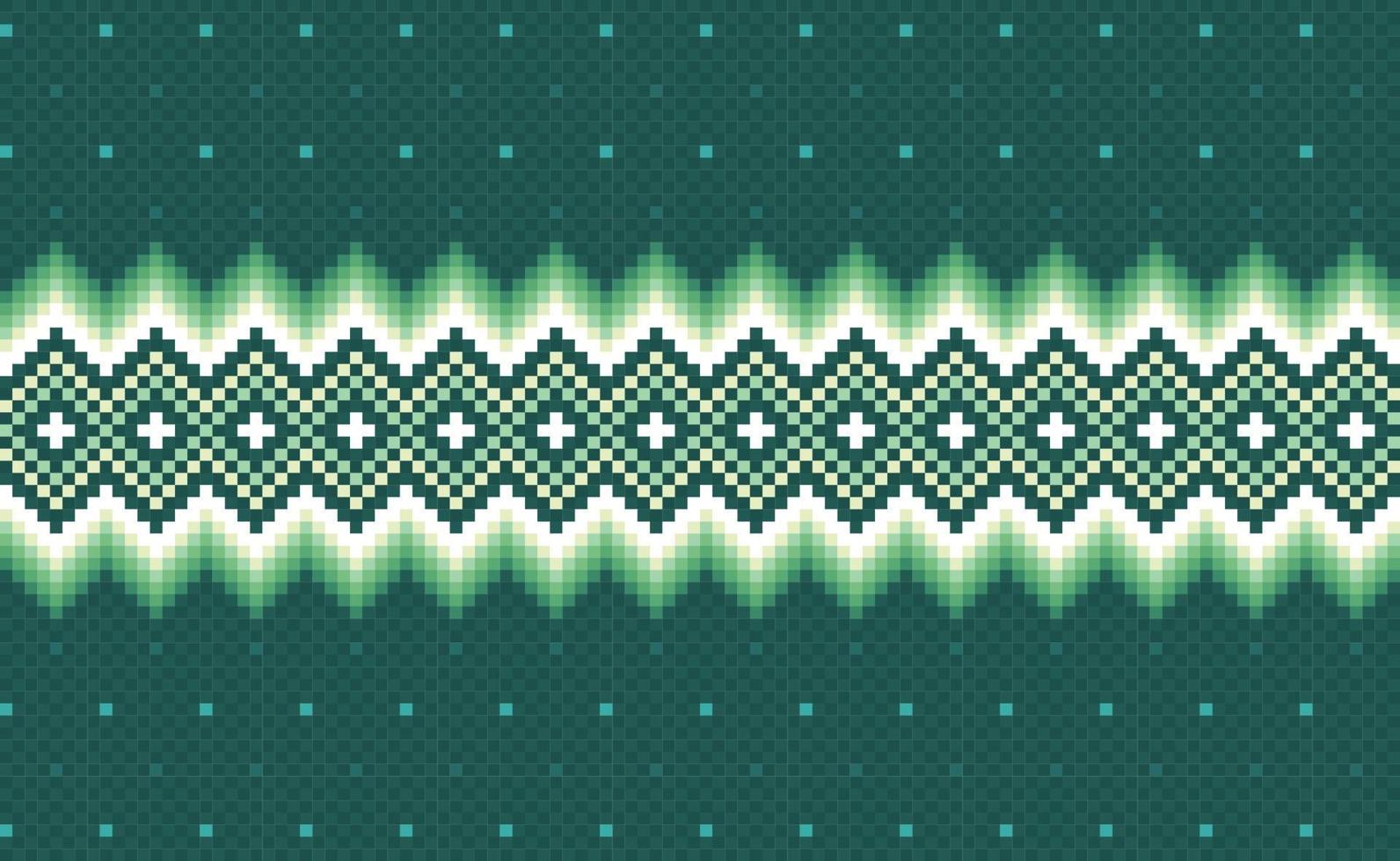 patrón étnico geométrico, fondo ornamental de bordado vectorial, estilo oriental de píxel verde y blanco vector