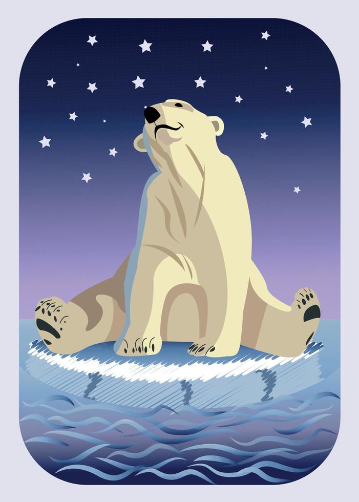 A white polar bear sits on an ice floe and looks at the starry sky. Vector graphics. Christmas card.