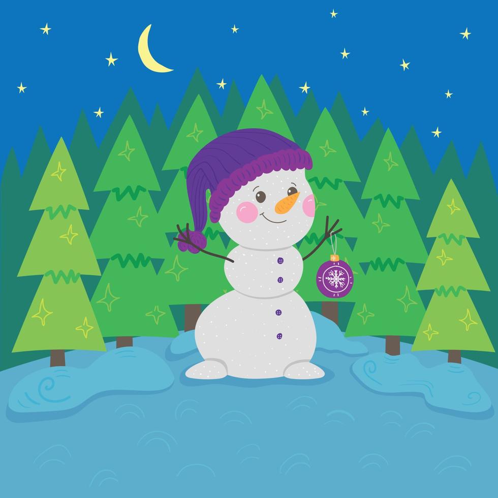 A snowman in a hat stands in the Christmas tree forest at night. He holds a Christmas tree decoration in his hands. Stars and the moon shine in the sky. Vector card