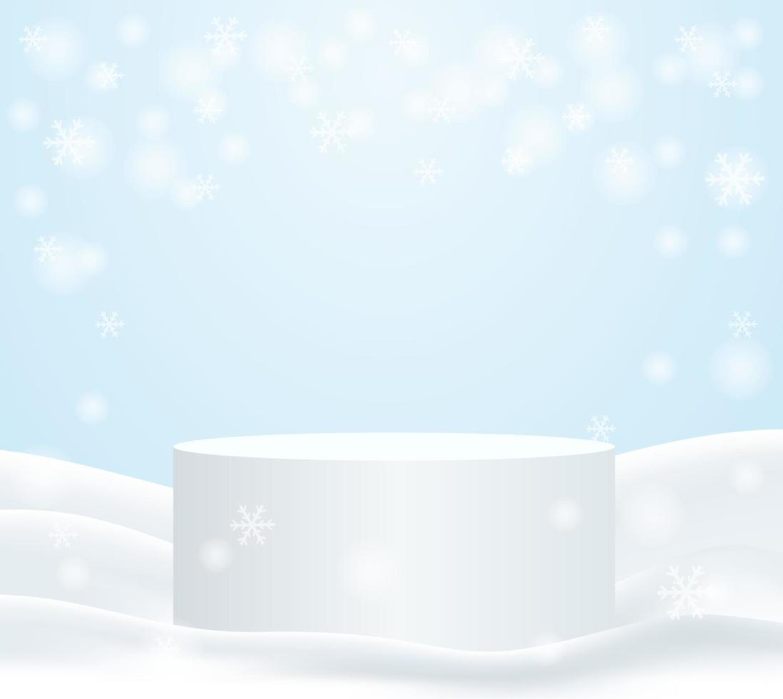 exhibición de productos de temporada de invierno. diseño con podio y copos de nieve blancos sobre fondo de nieve. vector. vector