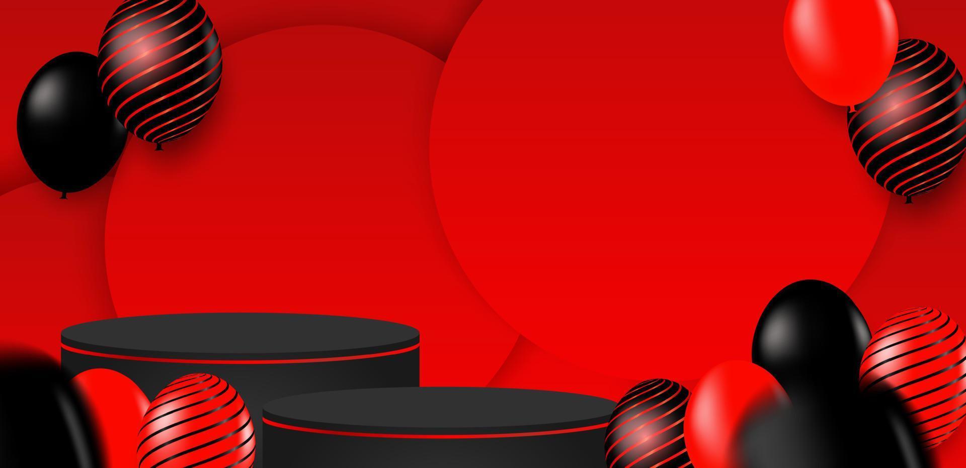 Black Friday Sale theme product display podium. Design with black- red balloons on red background .Vector. illustration. vector