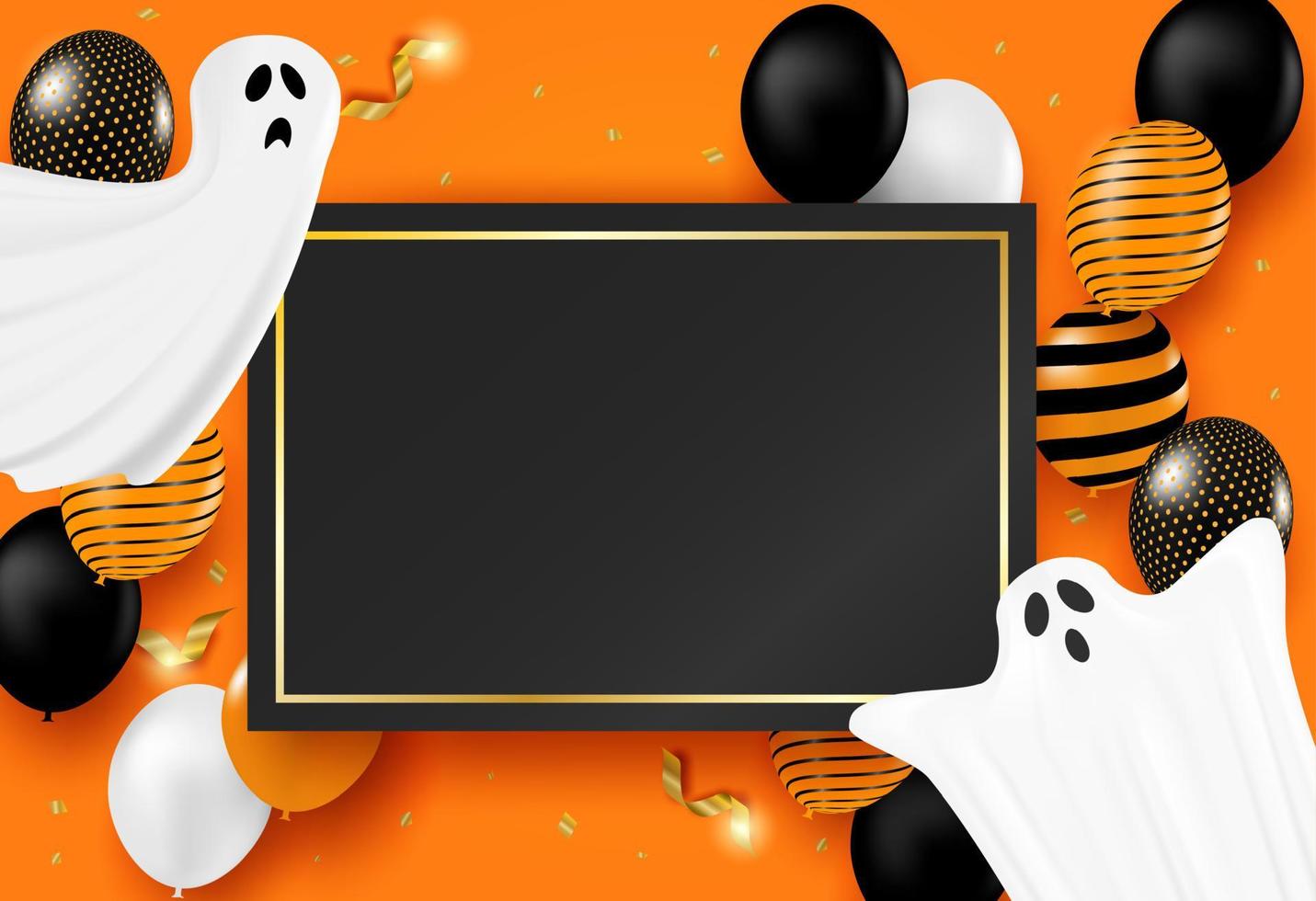Happy Halloween. Design with balloons and cute ghost on orange background. vector. vector