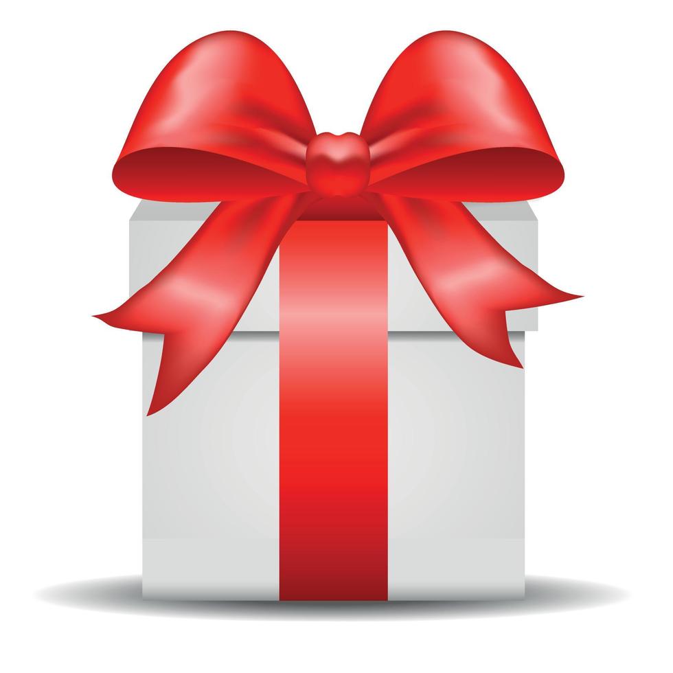 caja de regalo de color blanco. caja de regalo realista, con el lazo de satén rojo, aislado de fondo. caja de regalo, atada con cinta roja. ilustración vectorial, sin trama vector