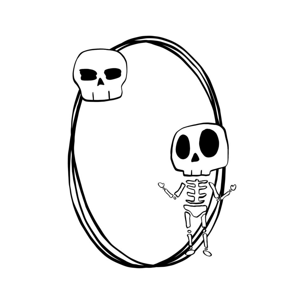 Black line Skeleton and Skull on triple oval frame. Vector illustration about Halloween for decorate logo, greeting cards and any design.