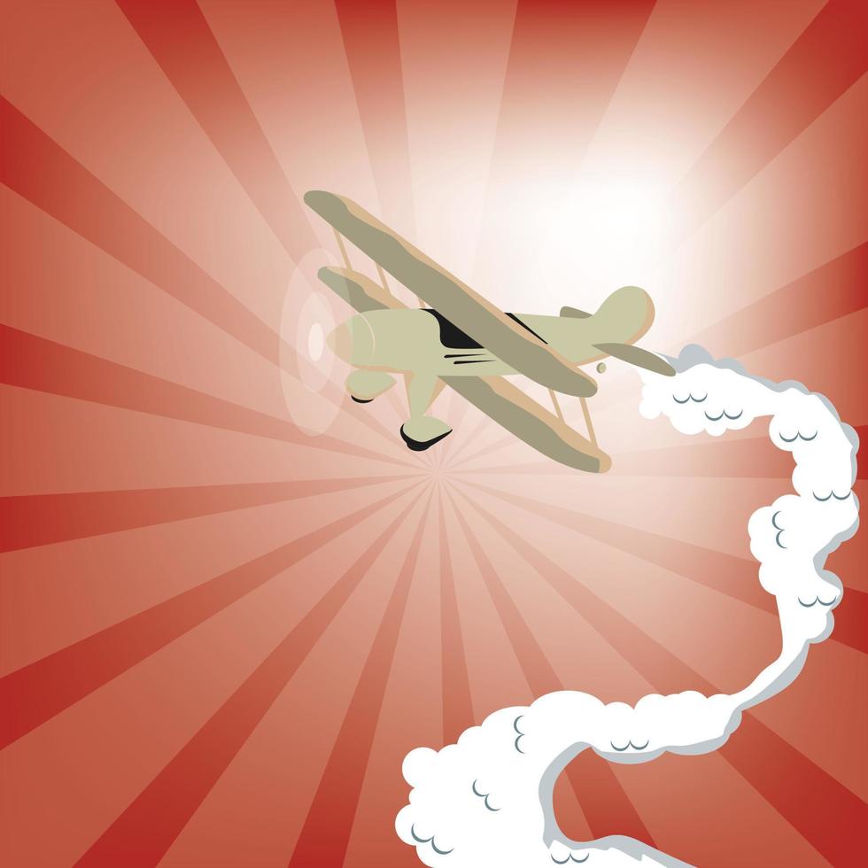 vintage airplane on red sun background with smokes. classic fighter jet vector illustration