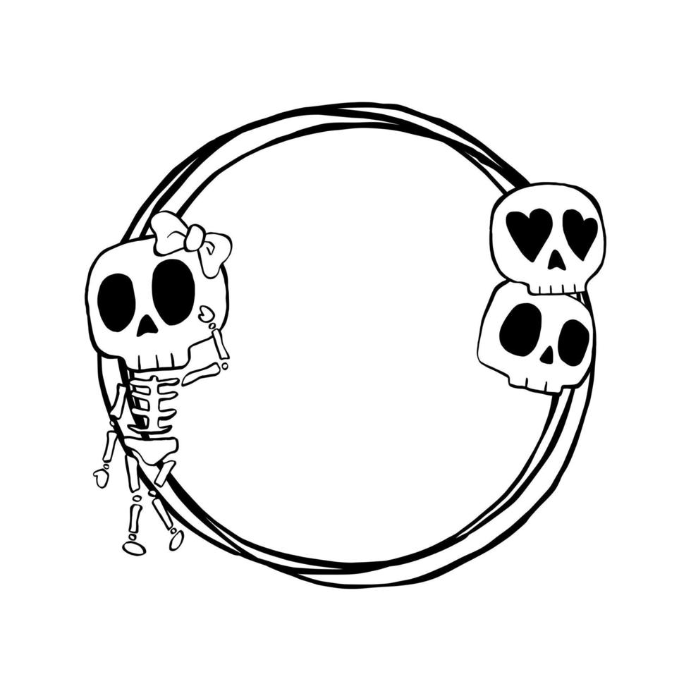 Black simple line Skeleton and Skull on triple circle frame. Vector illustration about Halloween for decorate logo, greeting cards and any design.
