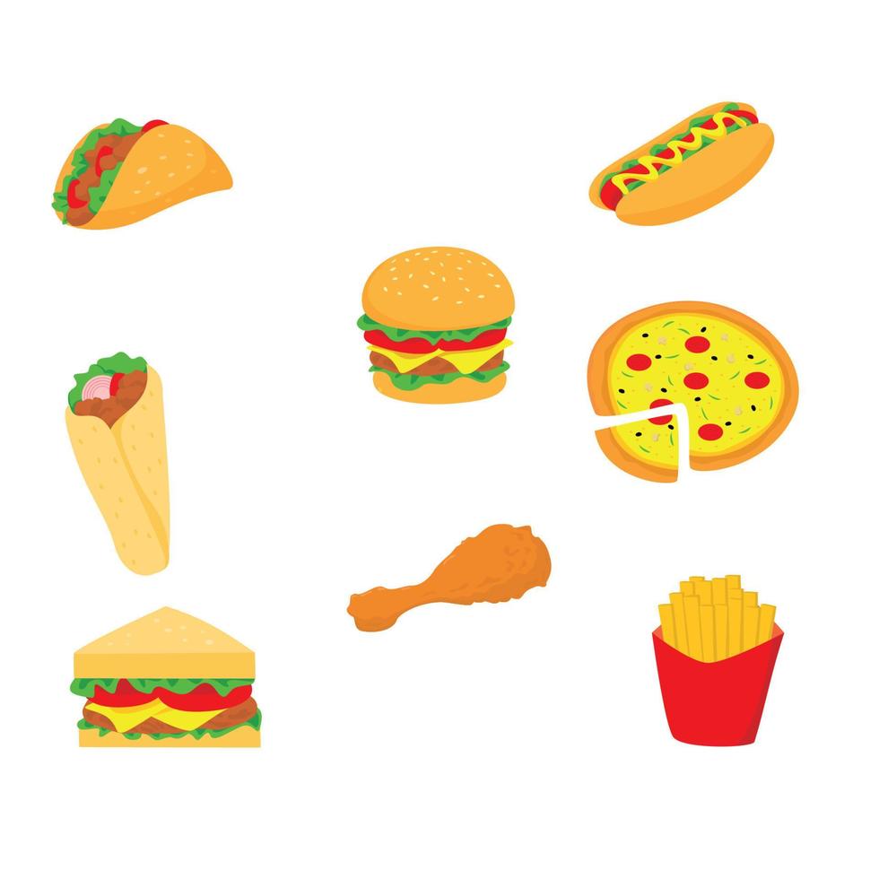 conjunto de diseño de iconos de comida rápida. hamburguesa, pizza, taco, perrito caliente, sándwich, pollo frito. comida chatarra. vector
