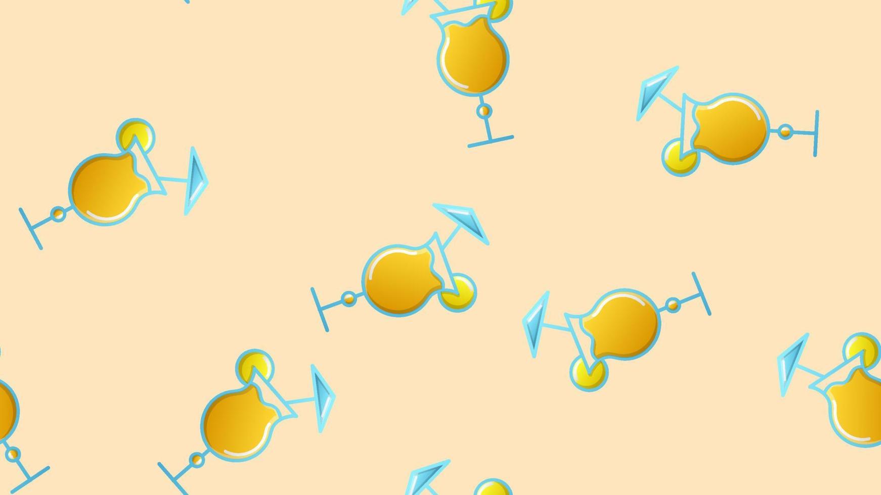 Endless seamless pattern of beautiful glass glasses with tasty alcoholic cocktails with ice and straws with lemons for a party on a yellow background. Vector illustration