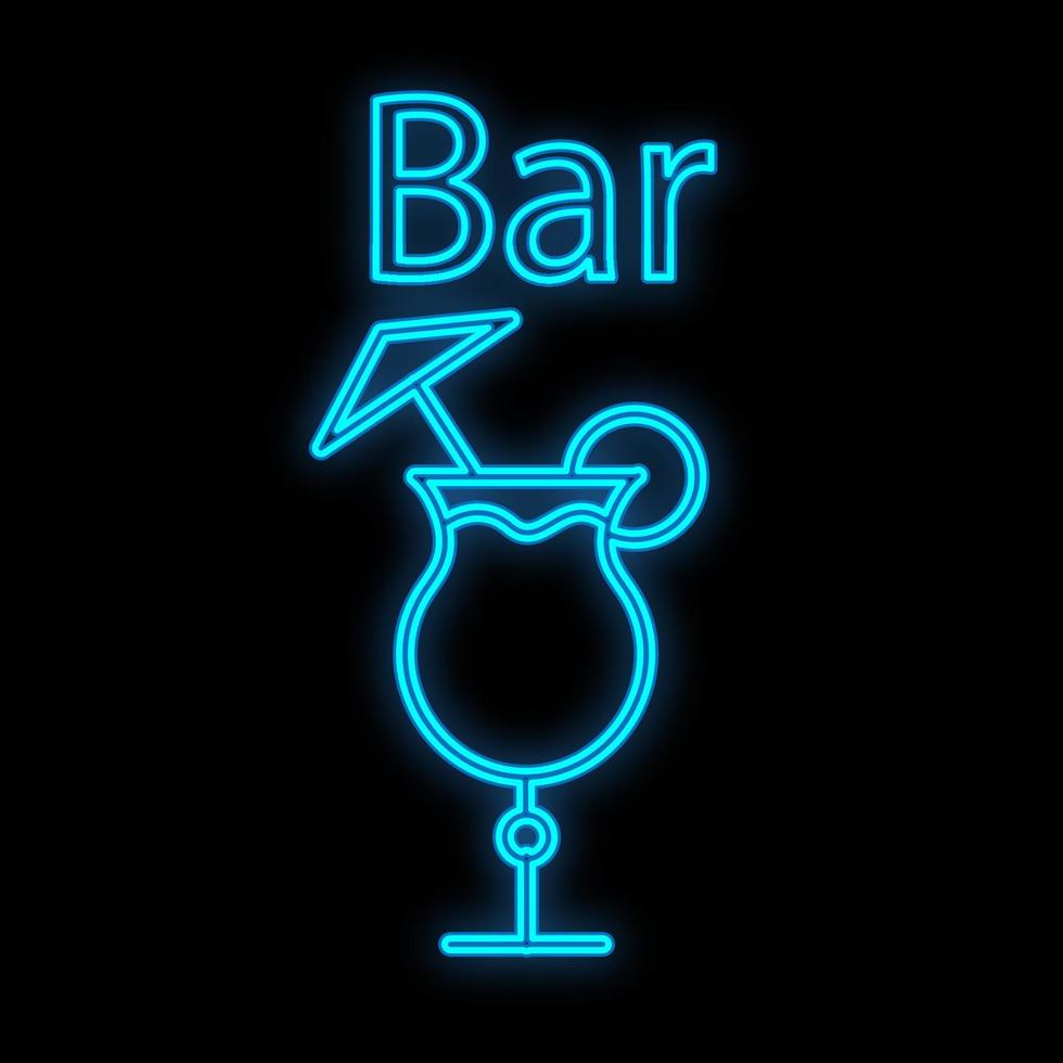 Bright luminous blue neon sign for a cafe bar restaurant pub beautiful shiny with an alcoholic cocktail with a straw in a glass on a black background. Vector illustration