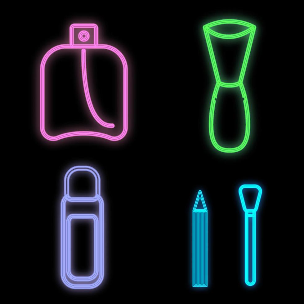 set on a black background with perfume, deodorant, lipstick, varnish, brush and eyeliner. beauty items for makeup artists and beauty masters. icon or signboard for a beauty bar. vector illustration
