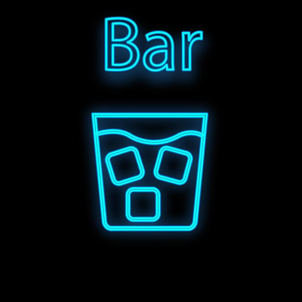 Bright luminous blue neon sign for cafe restaurant bar pub beautiful shiny with a glass of whiskey with ice on a black background. Vector illustration