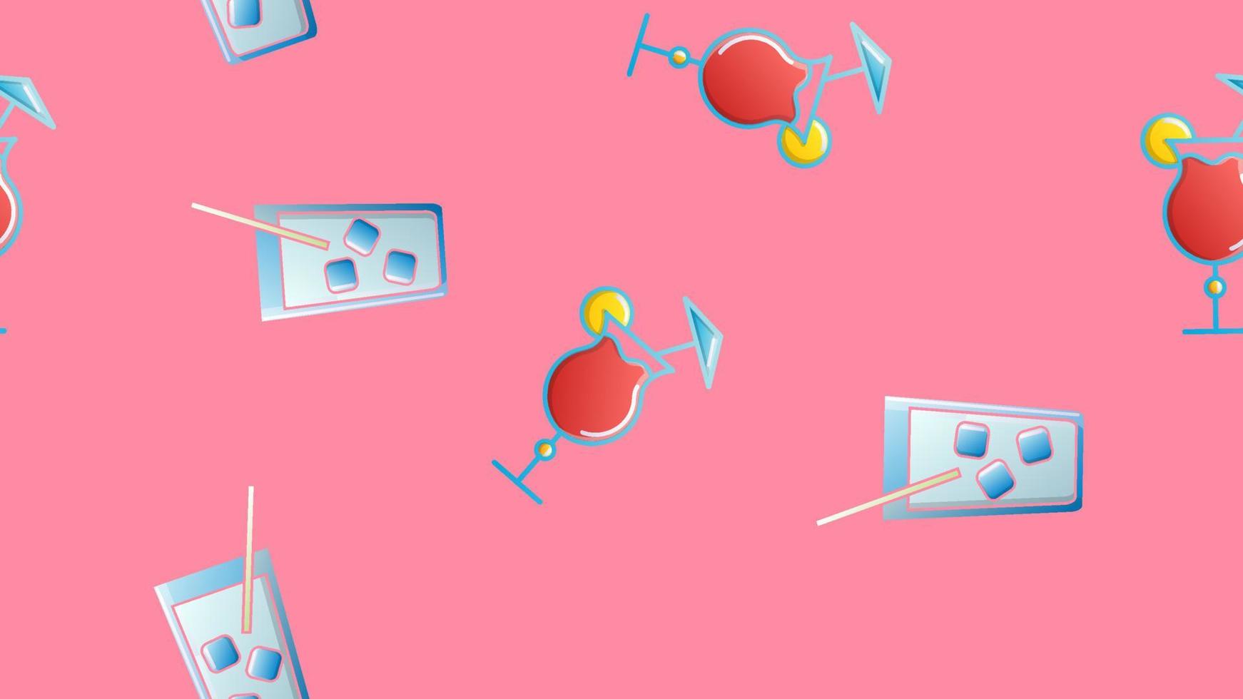 Endless seamless pattern of beautiful glass glasses with tasty alcoholic cocktails with ice and straws with lemons and beer for a party on a pink background. Vector illustration
