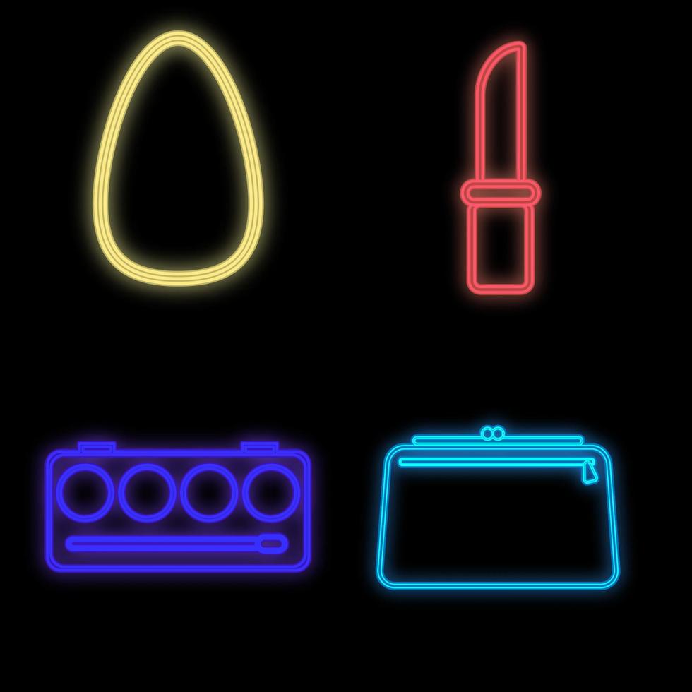 set of beauty items in bright neon colors on a black background. beauty blender, lipstick, eyeshadow and cosmetic bag. for the work of a makeup artist. creation of a bright image. vector illustration