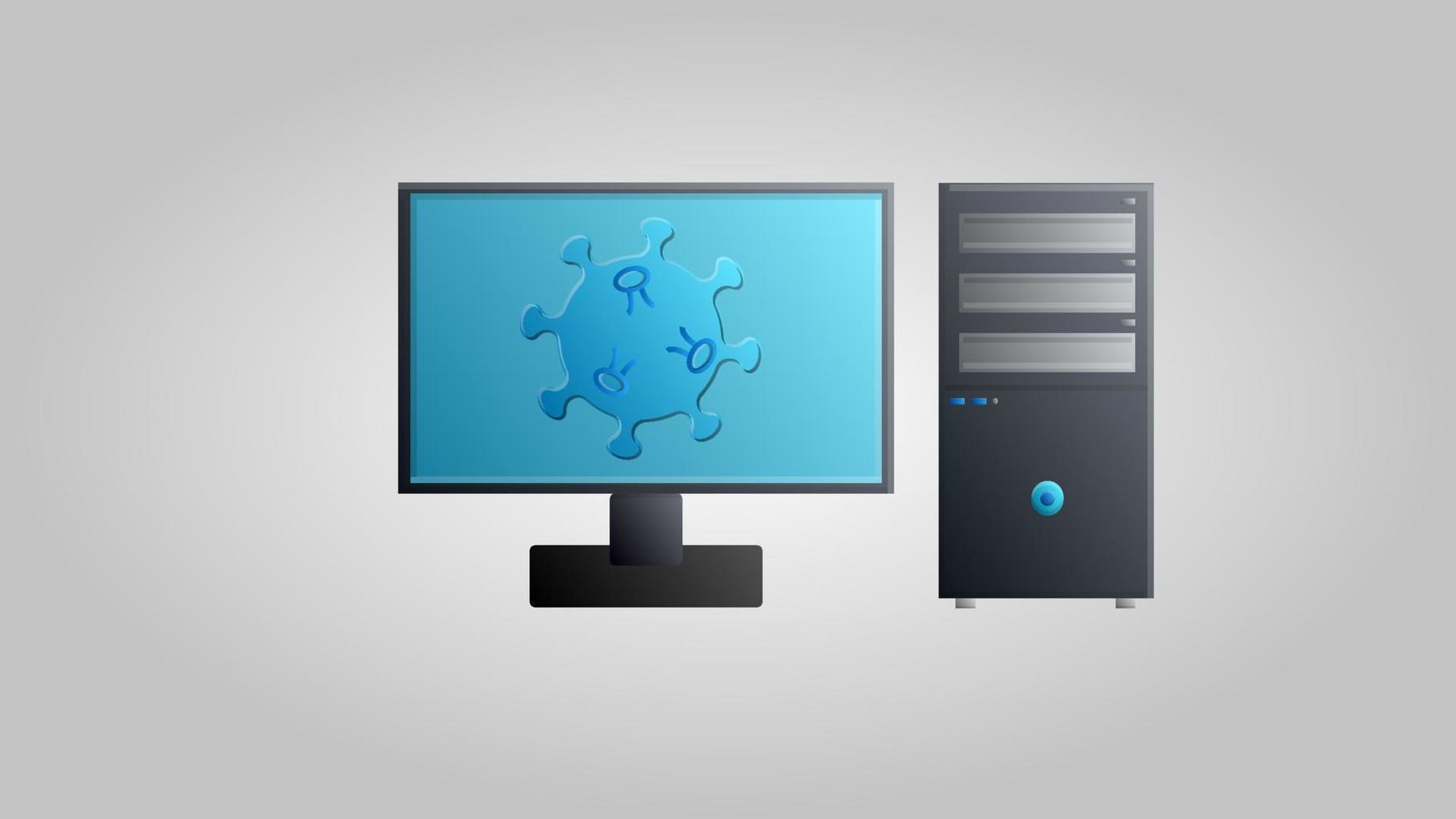 A modern digital computer with a monitor for online medicine to work on a cure for a dangerous deadly epidemic of the coronavirus Covid-19 disease virus pandemic. Vector illustration