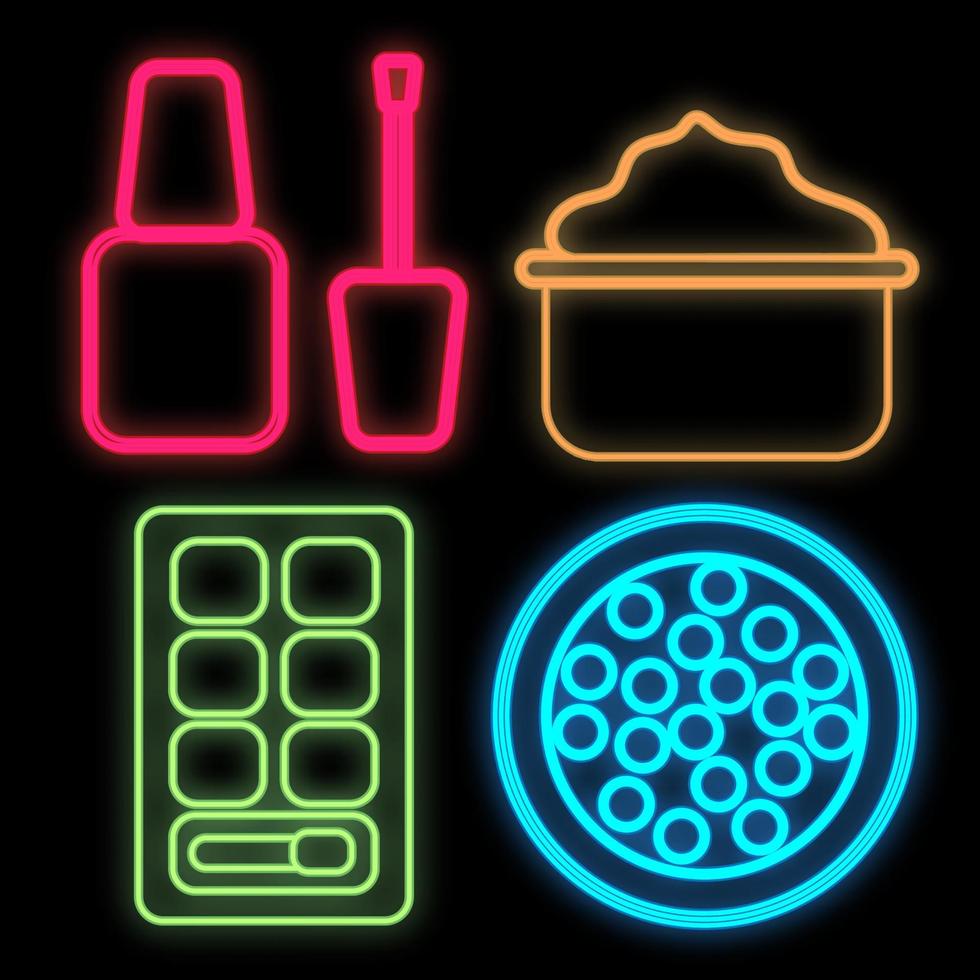 set of bright colored neon beauty items on a black background. the set includes varnish, loose powder in balls, face cream and a palette with shadows. makeup tools, make-up artist. vector illustration