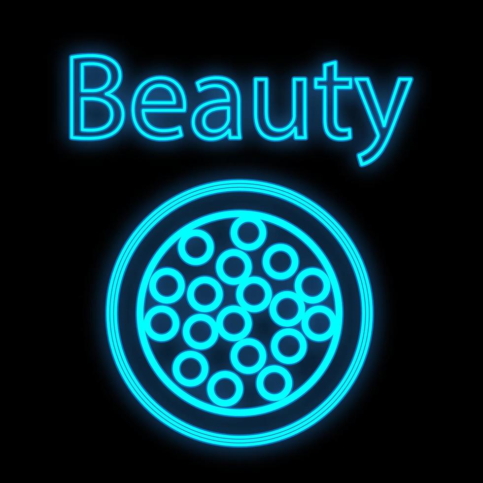 ball powder with blush for application to the skin. creating a matte layer on the face for beauty and health of the face. skin contouring. blue outline neon on a black background. vector illustration