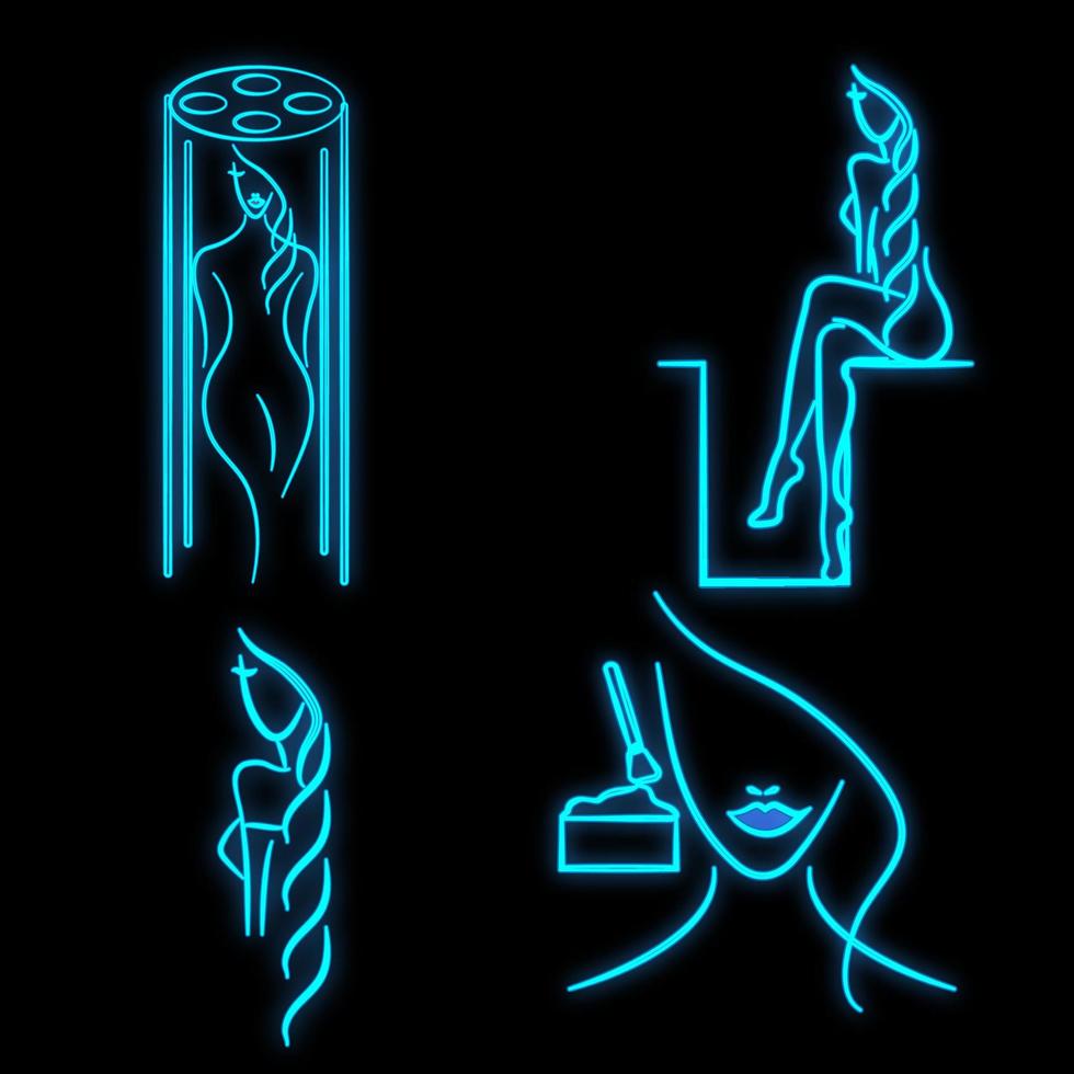conjunto de letreros de neón azul luminoso para solarium, salón de belleza, peluquería, sauna hermoso spa de belleza brillante con mujeres sobre un fondo negro. ilustración vectorial vector