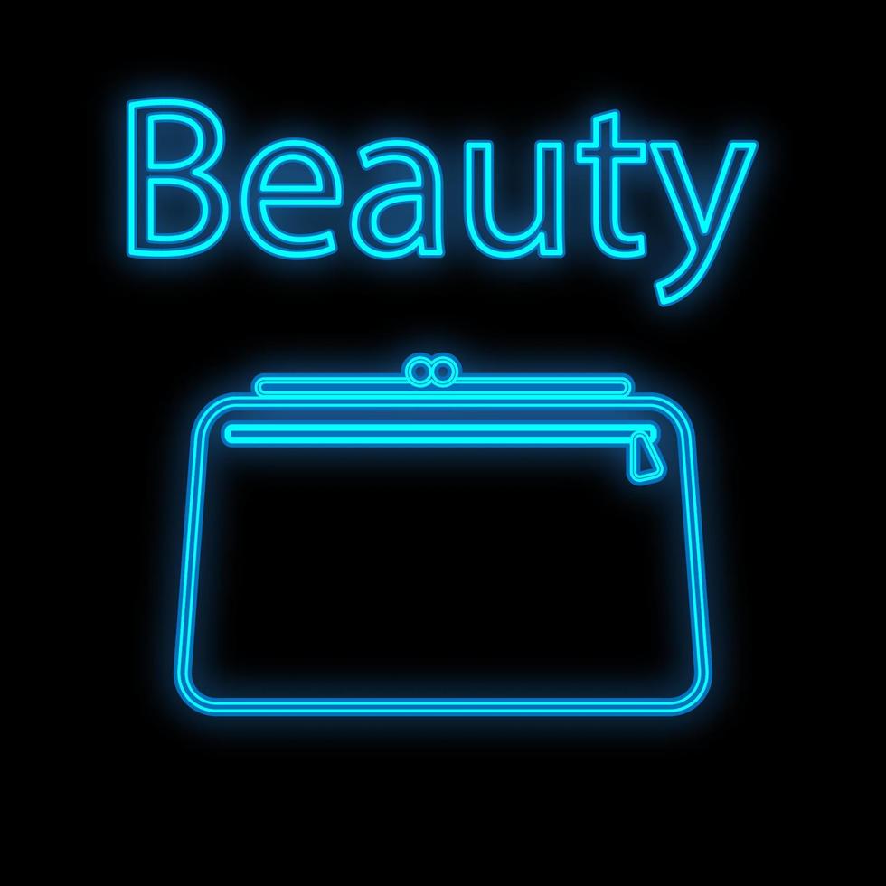 blue neon cosmetic bag on a black matte background. handbag for makeup artist, for cosmetics, brushes, pallets. decoration itza. hiking kit with makeup. vector illustration