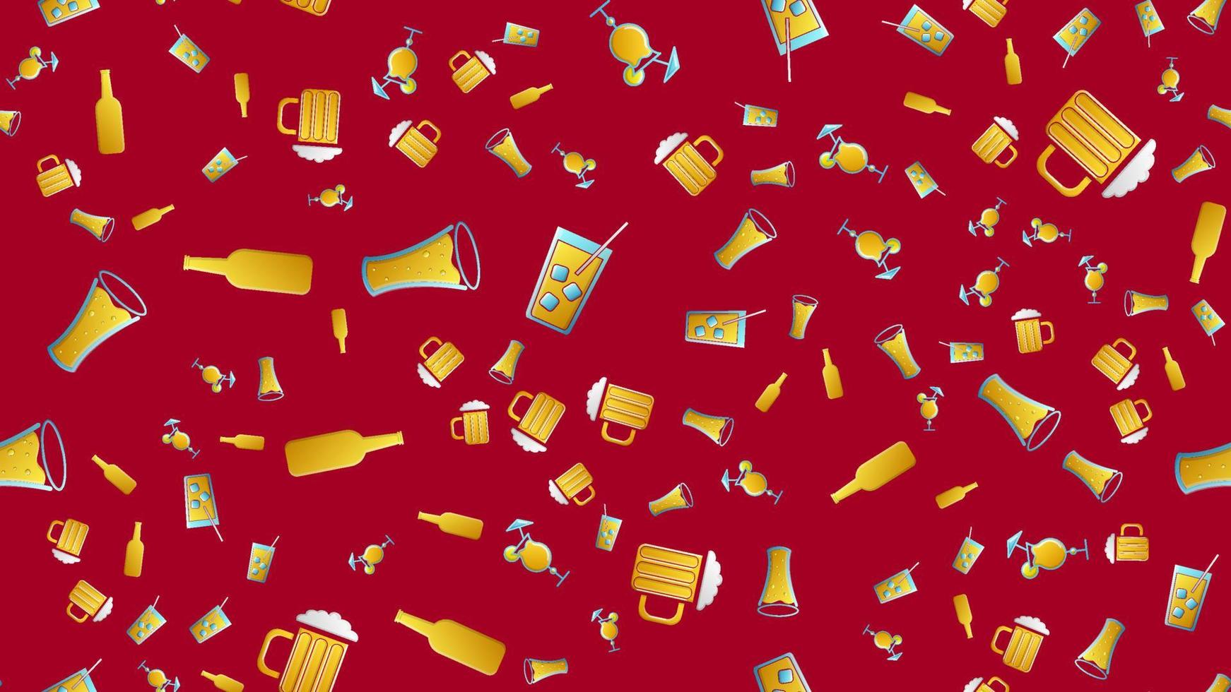 Endless seamless pattern of beautiful glass glasses with tasty alcoholic cocktails with ice and straws with lemons and beer for a party on a red background. Vector illustration